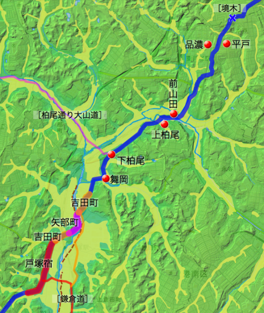 東海道：鎌倉郡中の各村の位置（北半分）
