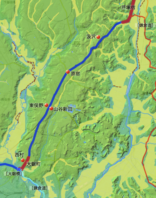 東海道：鎌倉郡中の各村の位置（南半分）